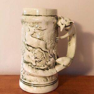Vtg. Wild Boar and Stag, Hunting Stein with Fox handle.